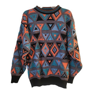 Vtg 1980s Gitano Pullover Sweater Womens Large Neon Blue Pink Geometric Knit USA